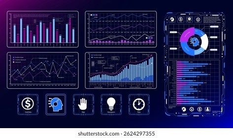 Digital dashboard showing charts, gauges, and operational performance metrics