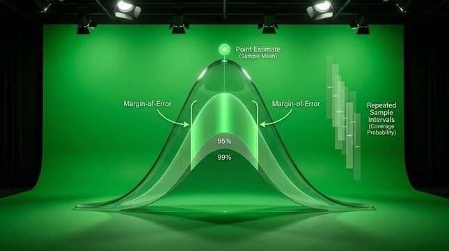 Green bell-curve diagram showing a point estimate and confidence margins